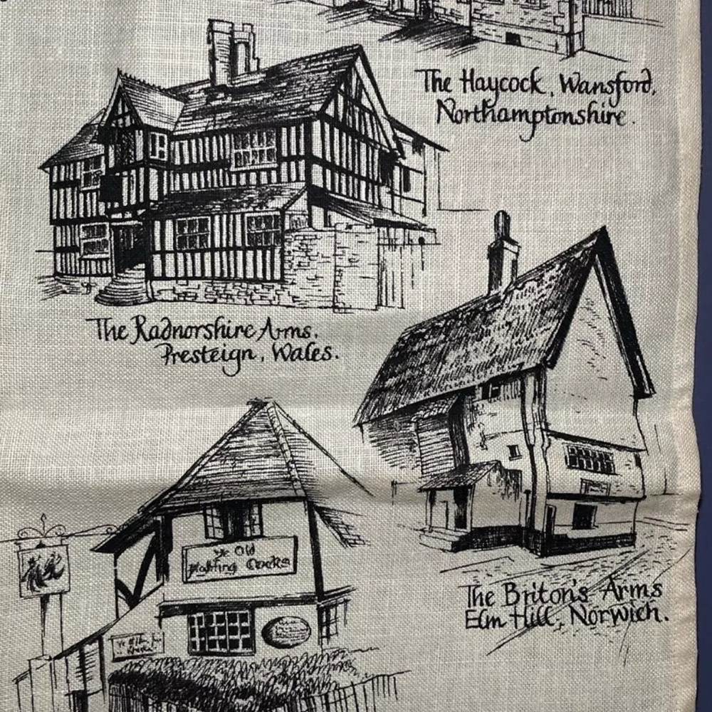 Horrockses Tea Towel “Old Inns” 100% Irish linen 1960s Vintage Original - Picture 12 of 14